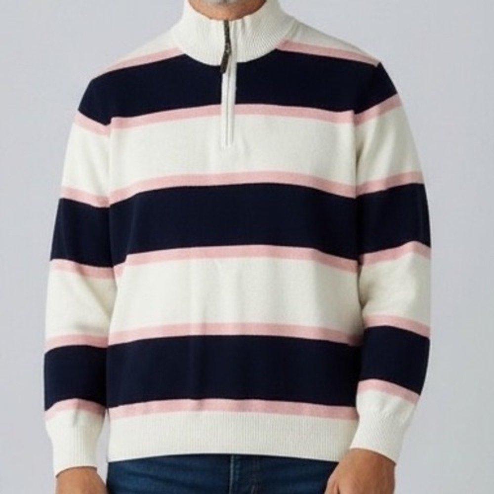 Club Room Mens sweater Striped 100% Cotton Quarter Zip L NEW nautical preppy